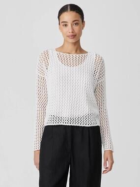 Eileen Fisher Organic Cotton Cord Bateau Neck Open Knit Sweater Cream Size XXS